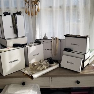 Chanel gift boxes, assorted Chanel gift ribbons and gift bags